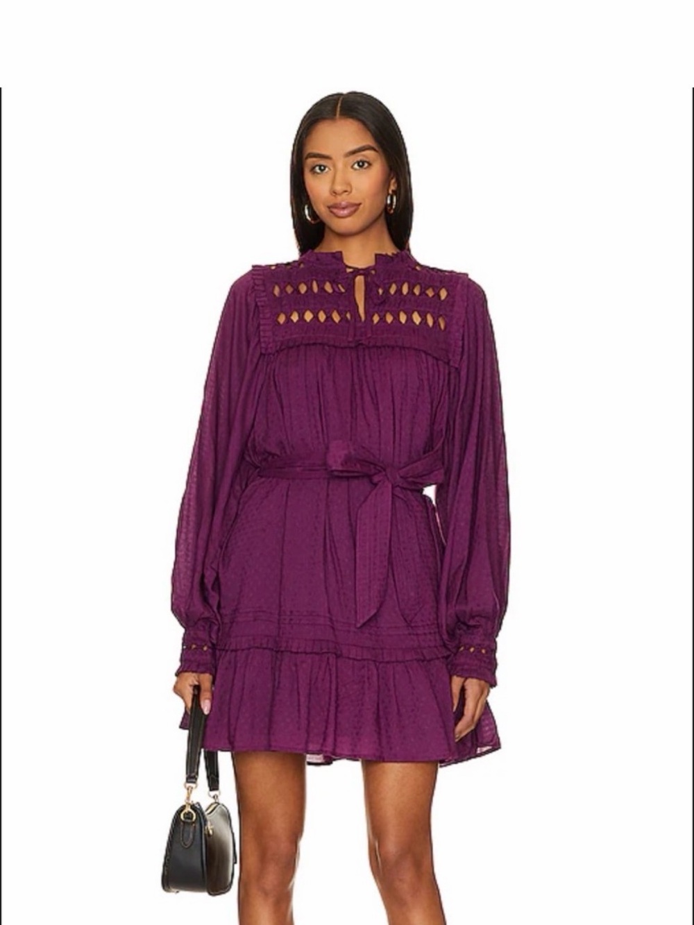 New Cleobella Purple Long-Sleeve Tie-Waist Mini Dress